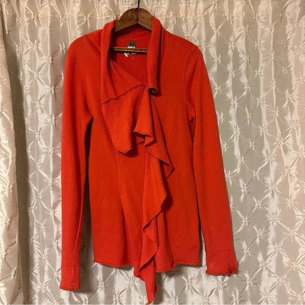 Free People  Ebb & Flow Coral Pink Red Asymmetrical Zip Ruffle Sweater Jacket